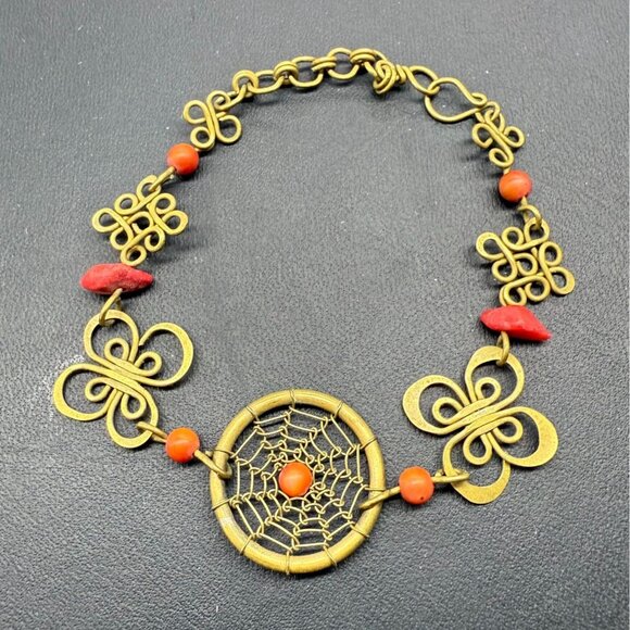 Orange Beaded Floral Filigree Wire Bangle Bracelet Brass Tone Bohemian Boho - Picture 1 of 5